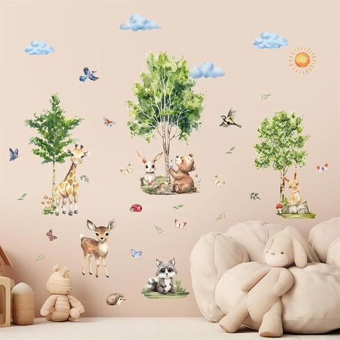Jungle Animals Trees Wall Decals Giraffe Bear Rabbit Safari Nursery Decor Wall Stickers Baby Kids Girls Bedroom Living Room Wall Decor in Kuwait
