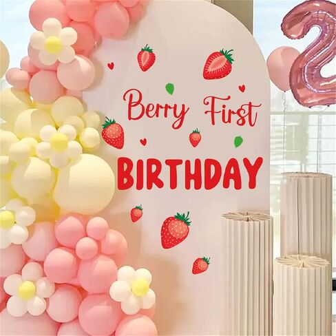 Berry First Birthday Wall Decal Sign, Strawberry 1st Birthday Girls Party Decal Sweet One Birthday Wall Stickers Decor Balloon Arch Backdrop Party Photo Props in Kuwait