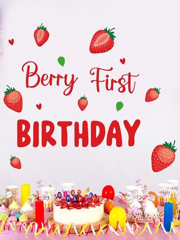 Berry First Birthday Wall Decal Sign, Strawberry 1st Birthday Girls Party Decal Sweet One Birthday Wall Stickers Decor Balloon Arch Backdrop Party Photo Props in Kuwait