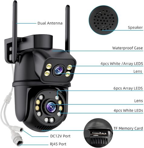 ICSEE WiFi Camera Security 6MP Dual Lens Wireless PTZ Waterproof Human Detection Full Color Night Vision 65ft, Alexa Supported (Dual Lens White 6MP), Black in Kuwait