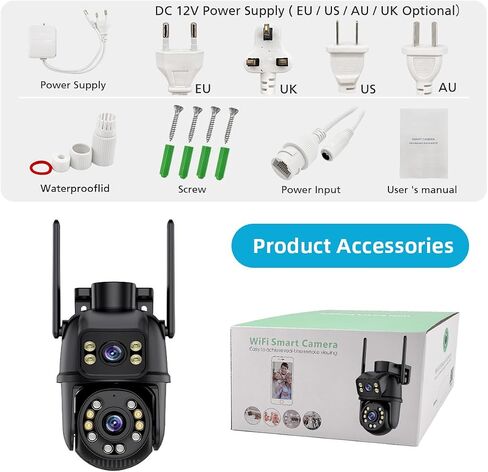 ICSEE WiFi Camera Security 6MP Dual Lens Wireless PTZ Waterproof Human Detection Full Color Night Vision 65ft, Alexa Supported (Dual Lens White 6MP), Black in Kuwait