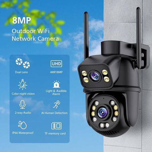 ICSEE WiFi Camera Security 6MP Dual Lens Wireless PTZ Waterproof Human Detection Full Color Night Vision 65ft, Alexa Supported (Dual Lens White 6MP), Black in Kuwait