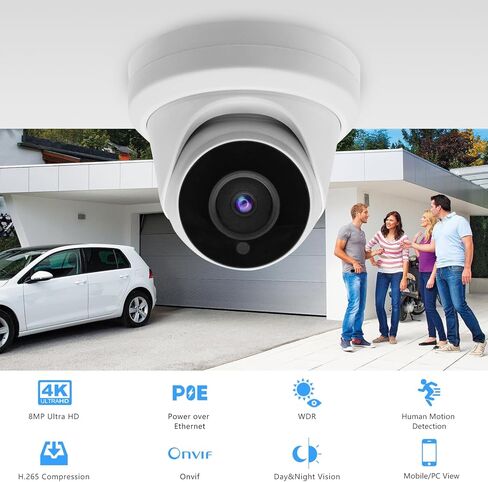 8MP 4K IP PoE Turret Camera Outdoor, H.265 PoE IP Security Dome Camera with 80ft Night Vision, 2.8mm Lens, 105° Wide Angle, Built-in Mic, WDR, Compatible with Third-Party NVRs and Software in Kuwait