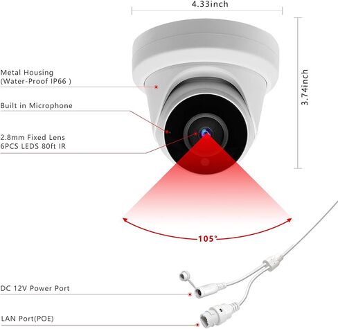 8MP 4K IP PoE Turret Camera Outdoor, H.265 PoE IP Security Dome Camera with 80ft Night Vision, 2.8mm Lens, 105° Wide Angle, Built-in Mic, WDR, Compatible with Third-Party NVRs and Software in Kuwait