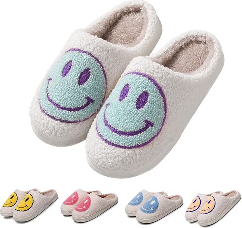 FACAXEDRE Slippers Indoor Outdoor,Happy Face Retro for Women House Soft Fluffy Slides,Cushion Slides Smile Face Furry Shoes in Kuwait