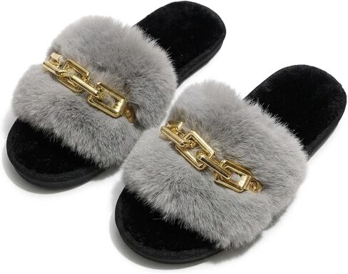 Women's Gold Chain Fuzzy Slippers Open Toe Fluffy Slides Y2K Fashion House Plush Shoes Warm Winter Home Indoor Outdoor in Kuwait
