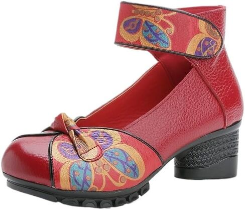 Women's Leather Classic Round Toe Platform Wedges Mary Jane Pump Shoes,Retro Ethnic Style Bow Print Mules in Kuwait