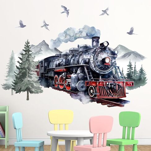 Mfault Watercolor Steam Train Wall Decals Stickers, Vintage Industrial | Locomotive Forest Mountain Nursery Decorations Boys Bedroom Art, Retro Pine Tree Birds Baby Toddler Kids Room Playroom Decor in Kuwait