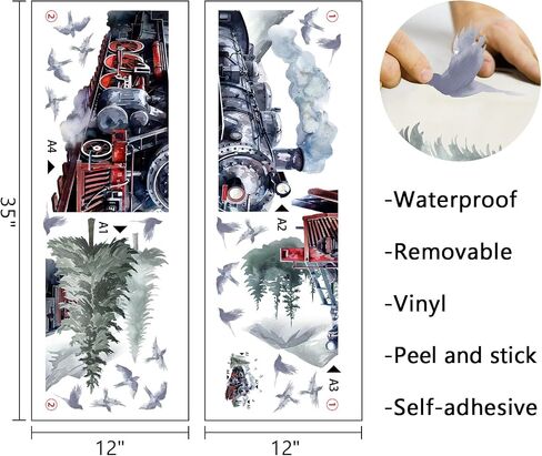 Mfault Watercolor Steam Train Wall Decals Stickers, Vintage Industrial | Locomotive Forest Mountain Nursery Decorations Boys Bedroom Art, Retro Pine Tree Birds Baby Toddler Kids Room Playroom Decor in Kuwait