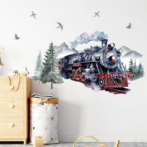 Mfault Watercolor Steam Train Wall Decals Stickers, Vintage Industrial | Locomotive Forest Mountain Nursery Decorations Boys Bedroom Art, Retro Pine Tree Birds Baby Toddler Kids Room Playroom Decor in Kuwait