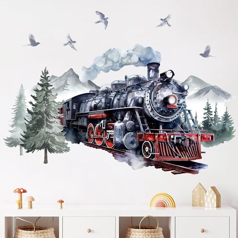 Mfault Watercolor Steam Train Wall Decals Stickers, Vintage Industrial | Locomotive Forest Mountain Nursery Decorations Boys Bedroom Art, Retro Pine Tree Birds Baby Toddler Kids Room Playroom Decor in Kuwait