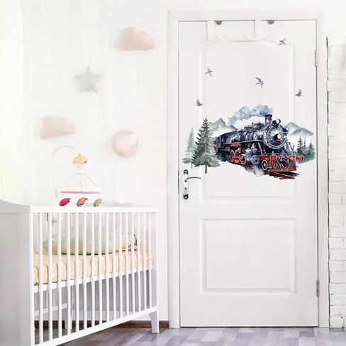 Mfault Watercolor Steam Train Wall Decals Stickers, Vintage Industrial | Locomotive Forest Mountain Nursery Decorations Boys Bedroom Art, Retro Pine Tree Birds Baby Toddler Kids Room Playroom Decor in Kuwait