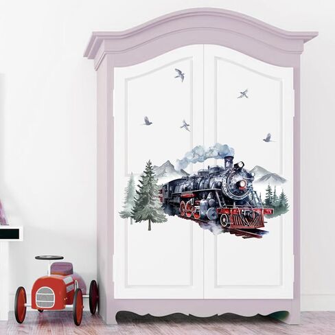 Mfault Watercolor Steam Train Wall Decals Stickers, Vintage Industrial | Locomotive Forest Mountain Nursery Decorations Boys Bedroom Art, Retro Pine Tree Birds Baby Toddler Kids Room Playroom Decor in Kuwait