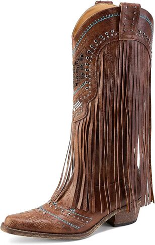 Women's Fringe Cowboy Boots Pull On Mid Calf Embroidered Chunky Heel Boot | Pull-On Style,Low Heel,Snip Toe in Kuwait