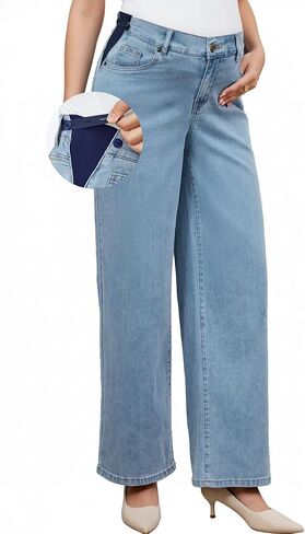 OUGES Womens Adjustable Waistband Cotton Blend Stretchy Maternity Jeans Loose Fit Straight Leg Denim Wide Leg Work Pants in Kuwait