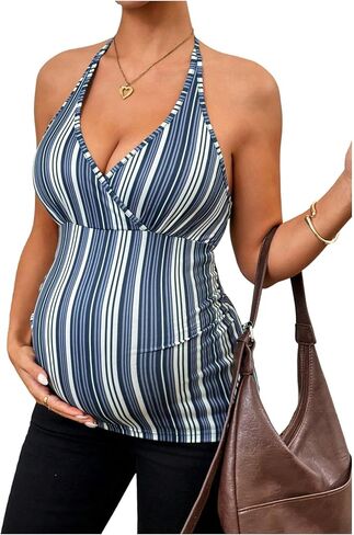 MakeMeChic Women's Maternity Striped Halter Tops Wrap V Neck Tie Backless Summer Vacation Top in Kuwait