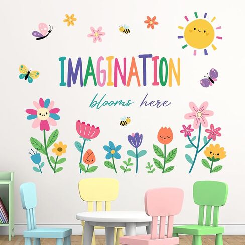Yovkky Imagination Blooms Here Wall Decals Stickers, Inspirational Quote | Colorful Flower Floral Sun Toddler Nursery Decor, Positive Bee Butterfly Home Decorations Kids Bedroom Playroom Classroom Art in Kuwait