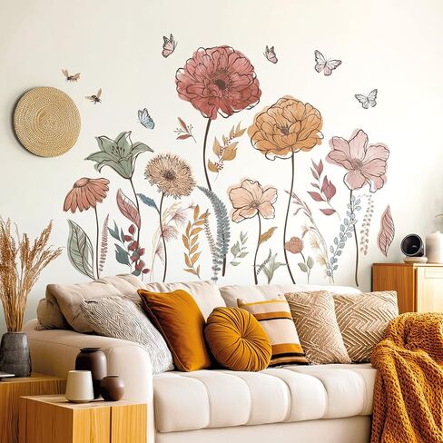 DECOWALL Large Boho Flower Wall Decals Stickers for Living Rooms (SG2-2420) | Peel and stick removable wildflower decor with watercolor blooms, butterflies bees bedroom, nursery and office adult spaces in Kuwait