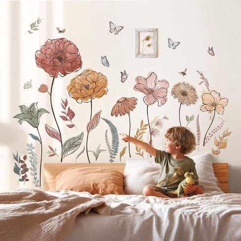 DECOWALL Large Boho Flower Wall Decals Stickers for Living Rooms (SG2-2420) | Peel and stick removable wildflower decor with watercolor blooms, butterflies bees bedroom, nursery and office adult spaces in Kuwait