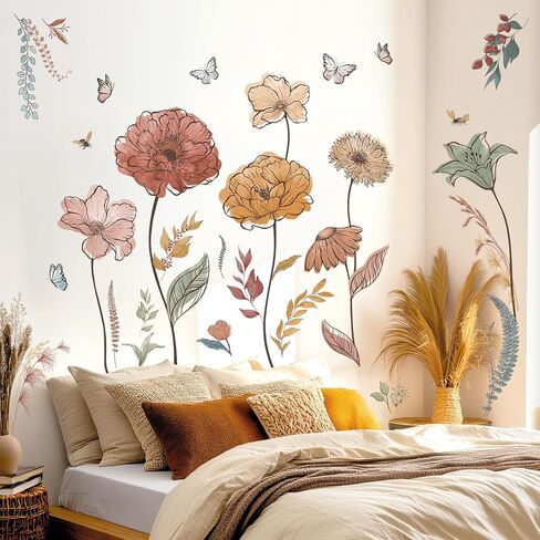 DECOWALL Large Boho Flower Wall Decals Stickers for Living Rooms (SG2-2420) | Peel and stick removable wildflower decor with watercolor blooms, butterflies bees bedroom, nursery and office adult spaces in Kuwait