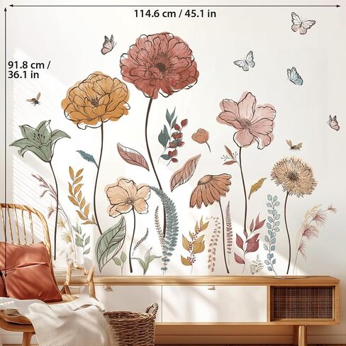 DECOWALL Large Boho Flower Wall Decals Stickers for Living Rooms (SG2-2420) | Peel and stick removable wildflower decor with watercolor blooms, butterflies bees bedroom, nursery and office adult spaces in Kuwait