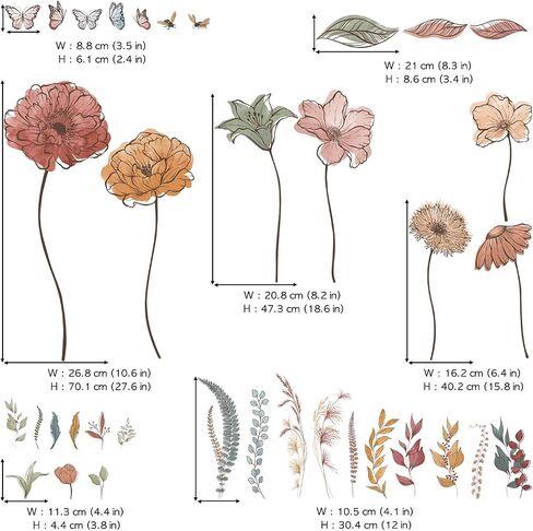DECOWALL Large Boho Flower Wall Decals Stickers for Living Rooms (SG2-2420) | Peel and stick removable wildflower decor with watercolor blooms, butterflies bees bedroom, nursery and office adult spaces in Kuwait