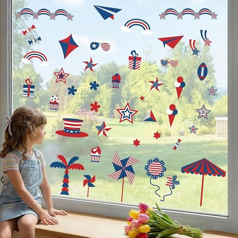 4th of July Window Clings Decorations, Patriotic American Flag Wall Art Stickers for Glass Windows Wall Independence Day Decor Memorial Day Veteran's Day USA Holiday Red White Blue Decor in Kuwait