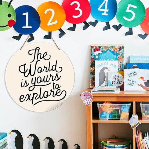 Muktoujaumai Nursery Wall Decor, Adventure Nursery Hanging Sign Decor Kids Room Wall Decoration Wood Sign for Playroom, Toddler Room, Toy Room, Classroom, The World Is Yours to Explore in Kuwait