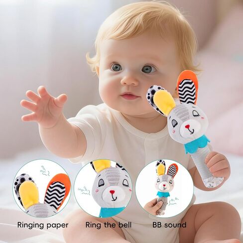 Baby Rattle for Newborns 0-6 Months - Soft Plush Handheld Sensory Toy with Crinkle Sound, Cute Bunny Shaped Grasping Rattle for Infants, Motor Skill Development, Baby Gift (Grey) in Kuwait