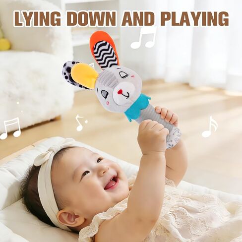 Baby Rattle for Newborns 0-6 Months - Soft Plush Handheld Sensory Toy with Crinkle Sound, Cute Bunny Shaped Grasping Rattle for Infants, Motor Skill Development, Baby Gift (Grey) in Kuwait