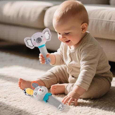 Baby Rattle for Newborns 0-6 Months - Soft Plush Handheld Sensory Toy with Crinkle Sound, Cute Bunny Shaped Grasping Rattle for Infants, Motor Skill Development, Baby Gift (Grey) in Kuwait