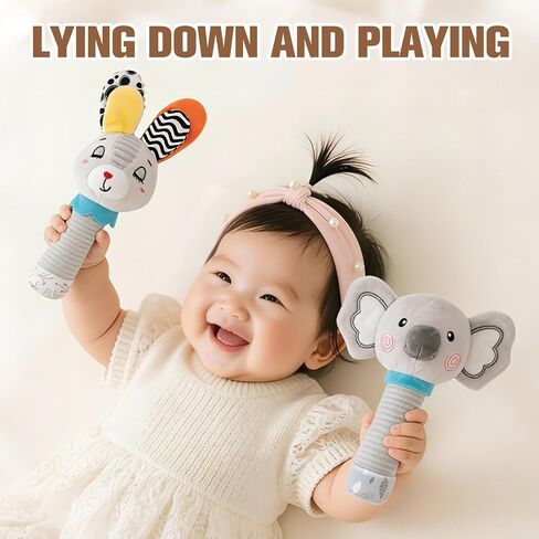Baby Rattle for Newborns 0-6 Months - Soft Plush Handheld Sensory Toy with Crinkle Sound, Cute Bunny Shaped Grasping Rattle for Infants, Motor Skill Development, Baby Gift (Grey) in Kuwait