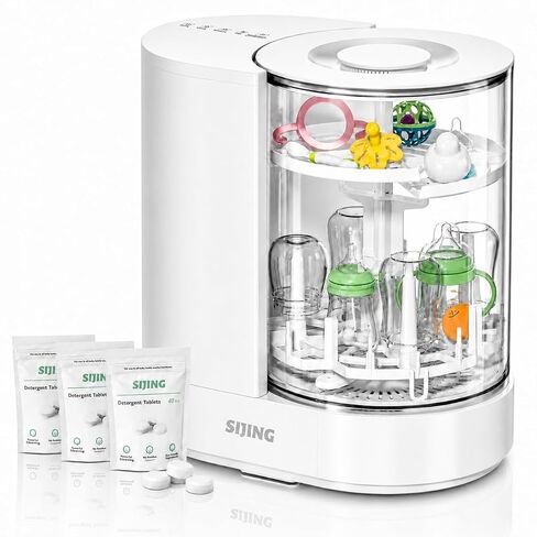 SIJING Baby Bottle Washer, Sterilizer and Dryer with Visible Glass Chamber | 4-set capacity for bottles, nipples and compatible pump parts; multi-angle spray, 72H dry storage and gravity-assisted drain in Kuwait