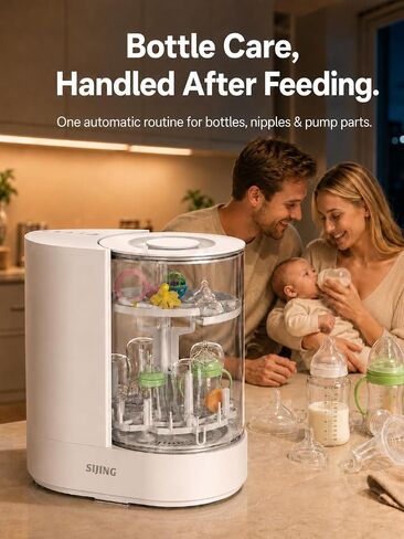 SIJING Baby Bottle Washer, Sterilizer and Dryer with Visible Glass Chamber | 4-set capacity for bottles, nipples and compatible pump parts; multi-angle spray, 72H dry storage and gravity-assisted drain in Kuwait