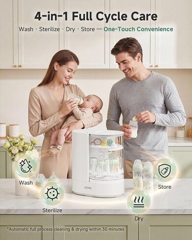 SIJING Baby Bottle Washer, Sterilizer and Dryer with Visible Glass Chamber | 4-set capacity for bottles, nipples and compatible pump parts; multi-angle spray, 72H dry storage and gravity-assisted drain in Kuwait