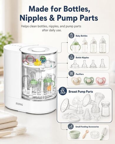 SIJING Baby Bottle Washer, Sterilizer and Dryer with Visible Glass Chamber | 4-set capacity for bottles, nipples and compatible pump parts; multi-angle spray, 72H dry storage and gravity-assisted drain in Kuwait