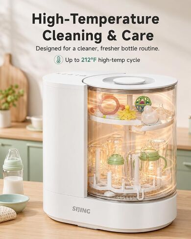 SIJING Baby Bottle Washer, Sterilizer and Dryer with Visible Glass Chamber | 4-set capacity for bottles, nipples and compatible pump parts; multi-angle spray, 72H dry storage and gravity-assisted drain in Kuwait