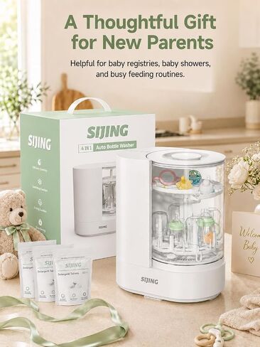 SIJING Baby Bottle Washer, Sterilizer and Dryer with Visible Glass Chamber | 4-set capacity for bottles, nipples and compatible pump parts; multi-angle spray, 72H dry storage and gravity-assisted drain in Kuwait