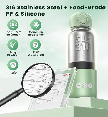 Portable Bottle Warmer for Travel 12oz– 80W Fast Heating, 316 Stainless Steel, 11400mAh Rechargeable Precise Temp Control & LED Display Safety Lock Cordless Travel Warmer for Baby Breastmilk & Formula in Kuwait