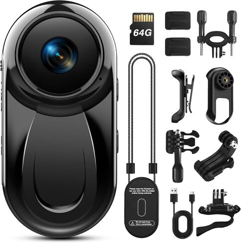 Mini Body Camera with 64GB Card, 1080P Thumb Vlogging Cam Hands-Free Recording, Tiny Action Camera with 360° Rotate Clip&Magnetic Clip, Wearable Video Recorder for Traveling/Motorcycle Deep Black in Kuwait