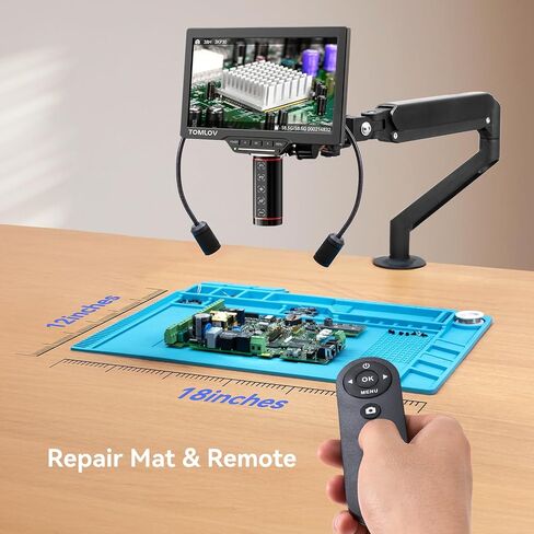 TOMLOV Autofocus Coin Digital Microscope, TM3K-AF Flex Arm Soldering Scope | 3K Full Coin View Magnifier, 7" IPS Screen, HDMI/USB Output, Gooseneck Light, Repair Mat, DIY Grid Line, Split Screen, 16G in Saudi Arabia