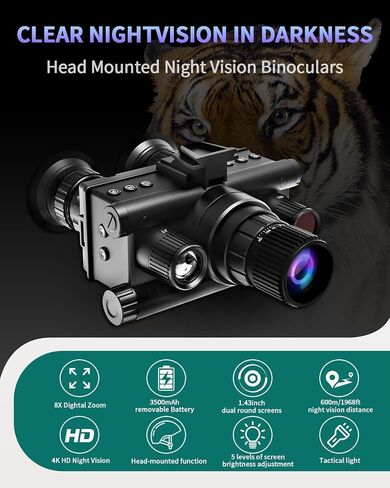 4K HD Night Vision Goggles with Helmet Mount, 8X Zoom, 1968ft View Range, Dual Display Screens and 64GB Card for Outdoor Activities, Dark Black in Kuwait