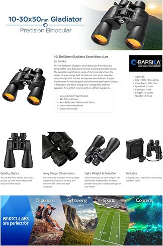 BARSKA 10-30x50mm Binoculars BK-7 Porro Prisms Gladiator Zoom in Kuwait