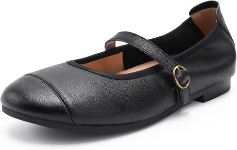 Mary Jane Shoes Women - Round Toe Genuine Leather Ballet Flats with Strap, Comfortable Lightweight Casual Business Work Dress Shoes in Kuwait
