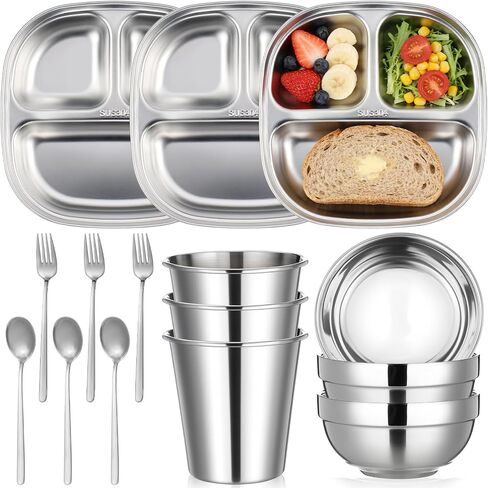 Tioncy 15 Pcs Stainless Steel Kids Dinner Set, Bowls, Balanced Bites Divided Plates, Cups, Spoons and Forks, Stainless Steel Lunch Plates Dinnerware Set for Kids Toddlers in Kuwait