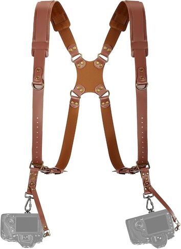 Jumyee Leather Dual Camera Harness, Brown Stitched Strap for DSLR/SLR | Adjustable Double Camera Harness Strap for wedding, Event, Wildlife & News Photography; Fits DSLR/SLR in Kuwait