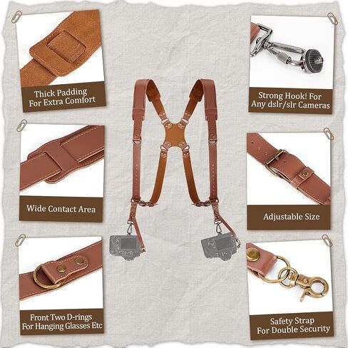 Jumyee Leather Dual Camera Harness, Brown Stitched Strap for DSLR/SLR | Adjustable Double Camera Harness Strap for wedding, Event, Wildlife & News Photography; Fits DSLR/SLR in Kuwait
