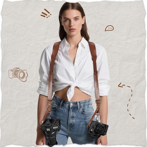 Jumyee Leather Dual Camera Harness, Brown Stitched Strap for DSLR/SLR | Adjustable Double Camera Harness Strap for wedding, Event, Wildlife & News Photography; Fits DSLR/SLR in Kuwait