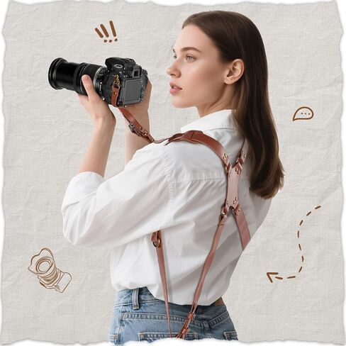 Jumyee Leather Dual Camera Harness, Brown Stitched Strap for DSLR/SLR | Adjustable Double Camera Harness Strap for wedding, Event, Wildlife & News Photography; Fits DSLR/SLR in Kuwait