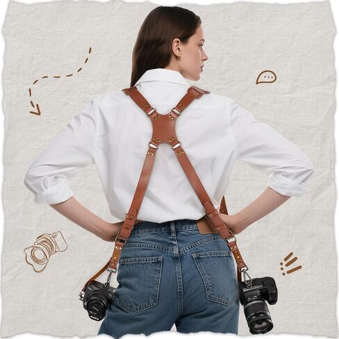 Jumyee Leather Dual Camera Harness, Brown Stitched Strap for DSLR/SLR | Adjustable Double Camera Harness Strap for wedding, Event, Wildlife & News Photography; Fits DSLR/SLR in Kuwait